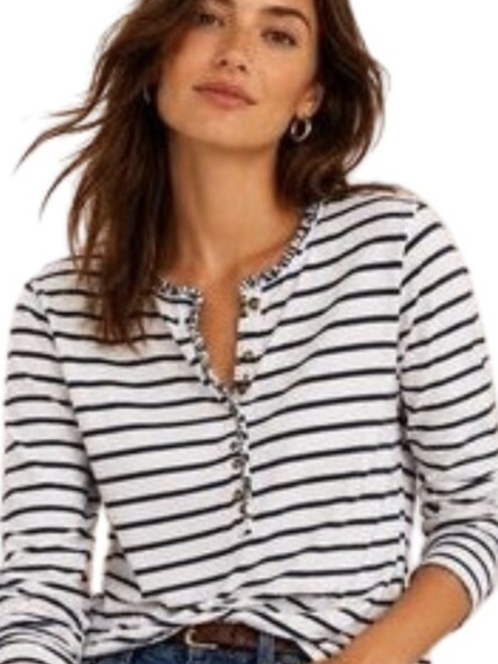 Striped Button Henley Top - White & Blue